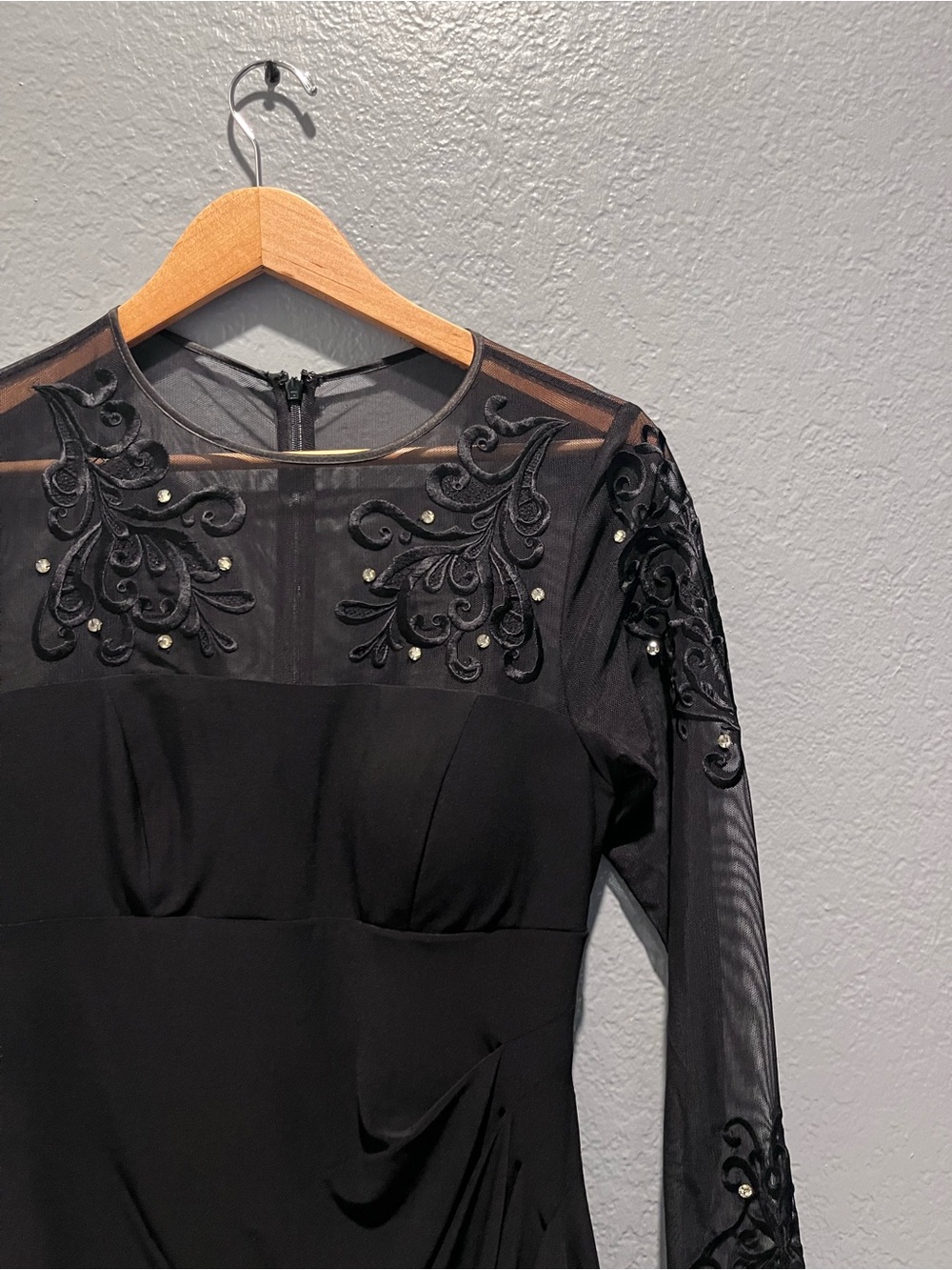 Xscape Black Long-Sleeve Embroidered Sheer Cocktail Dress - Picture 8 of 10